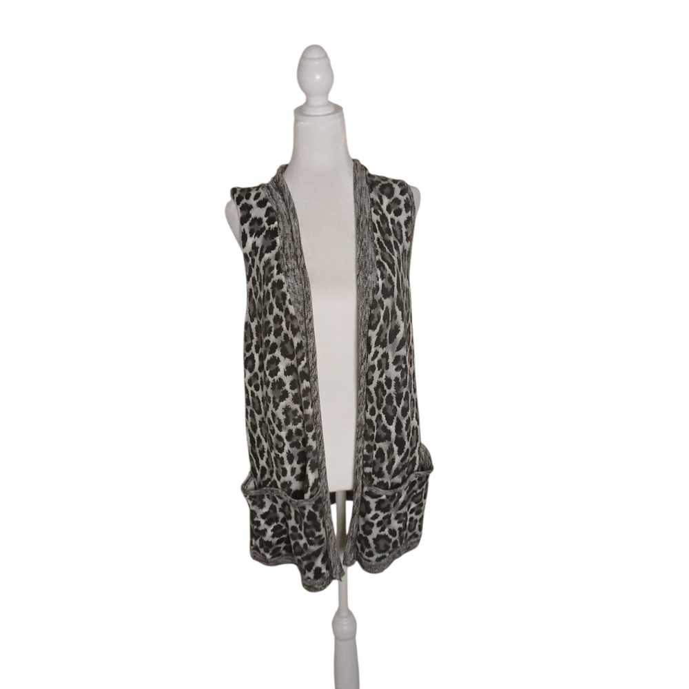 Chico's Women's 2 Leopard Print Black Gray Stretcy Open Front Cardigan